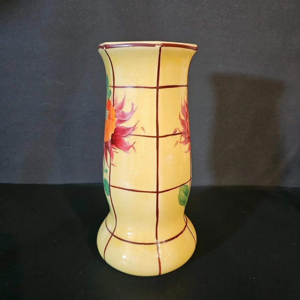 Vtg Handpainted Czech Pottery Vase, Yellow Orange Red Flower 8 x 4 in Art Deco